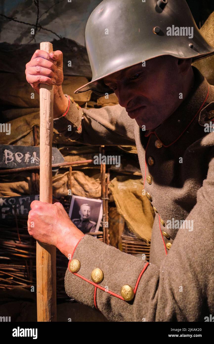 Recreation, diorama of a Great War, WWI injured soldier with a bloody hand, digging. In the Museum of 1st The Queen’s Dragoon Guards and The Royal Wel Stock Photo