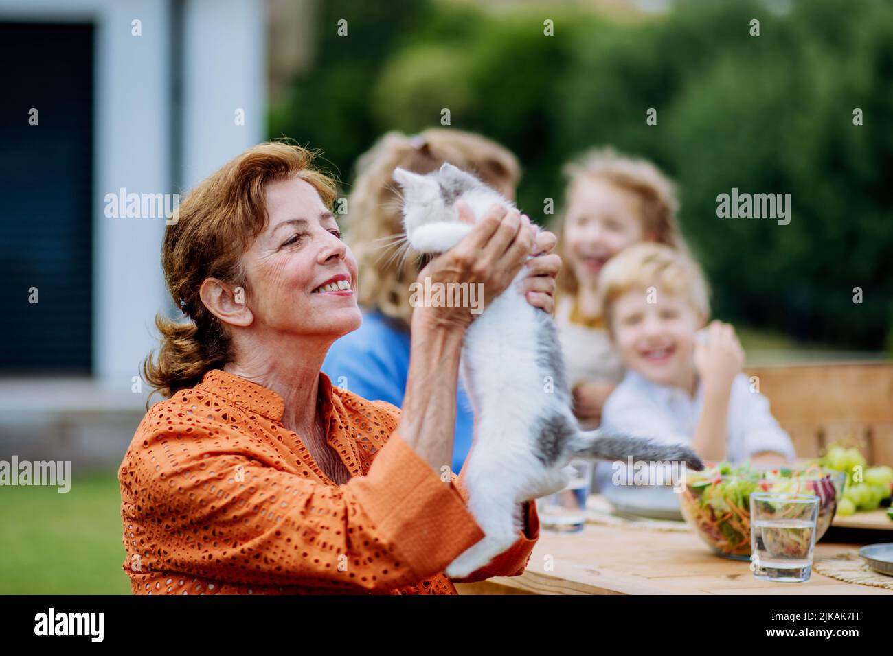 Happy grandma cuddling kitty cat at multigeneration garden party. Stock Photo