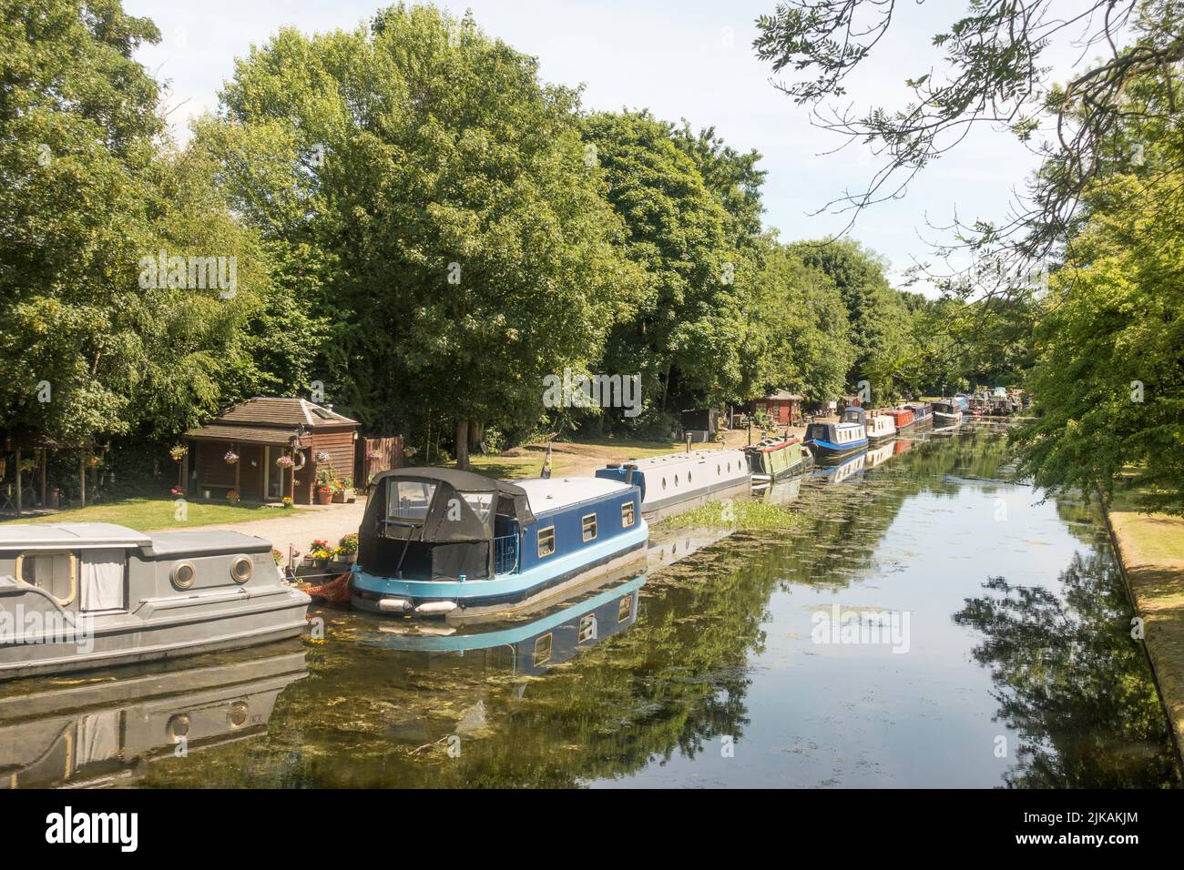Canal boats moored in Aire Valley marina off the Leeds Liverpool canal, in Leeds, Yorkshire, England, UK Stock Photo