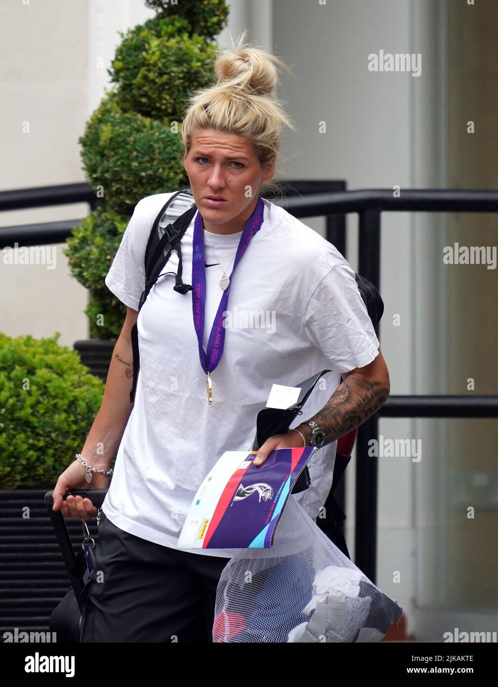 England's Millie Bright leaving the The Lensbury, Teddington. England’s Euro 2022 dream became reality as Chloe Kelly’s extra-time finish saw the Lionesses beat Germany 2-1 and secure the first major trophy in their history in front of a record-breaking crowd at Wembley. Picture date: Monday August 1, 2022. Stock Photo