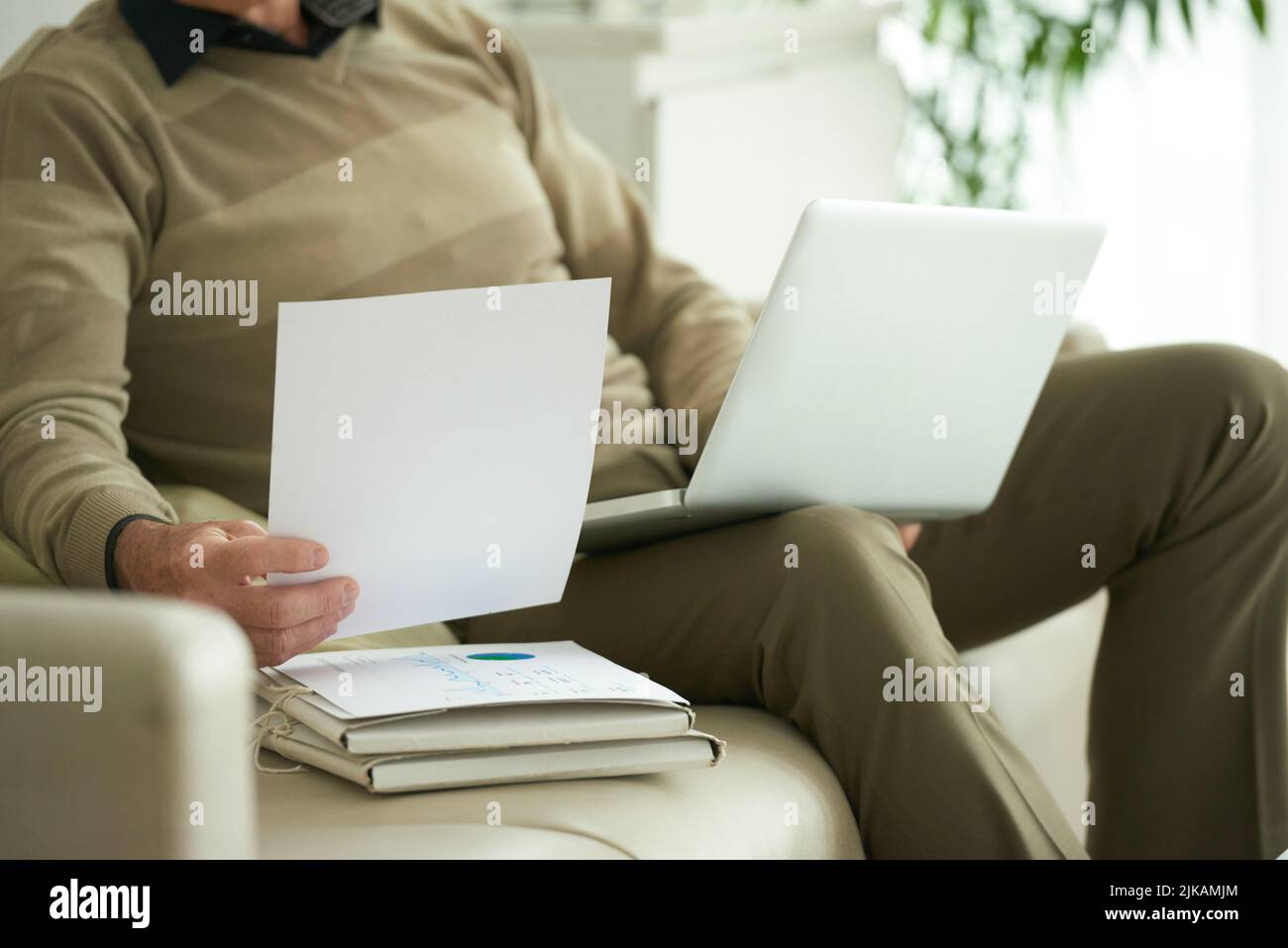 Cropped image of businessman working with documents at home Stock Photo