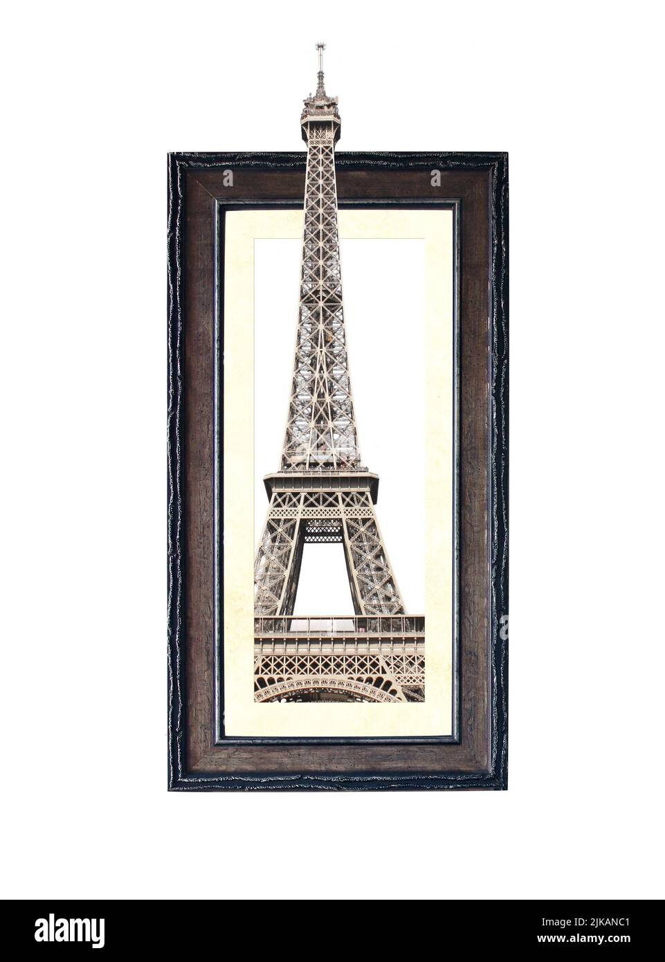 Famous landmark of Paris - Eiffel tower in wooden frame with 3d effect. Isolated on white background Stock Photo