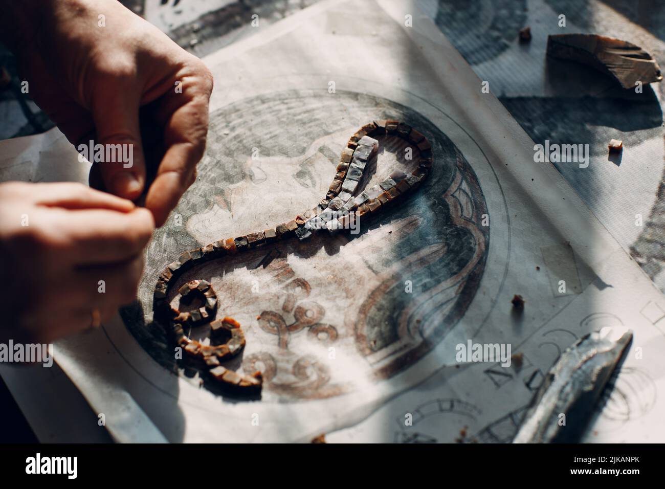 Materials sketch and tools for making colored smalt glass mosaics