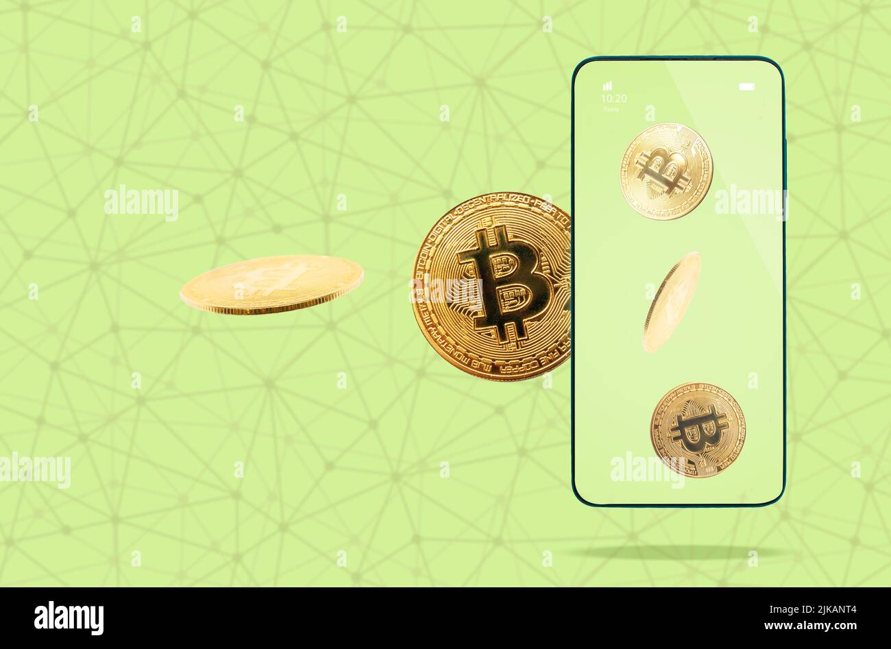 E-commerce and apps. Golden bitcoins sending to smartphone. Bright green  background with digital mesh. Concept of cryptocurrency and virtual trade  Stock Photo - Alamy