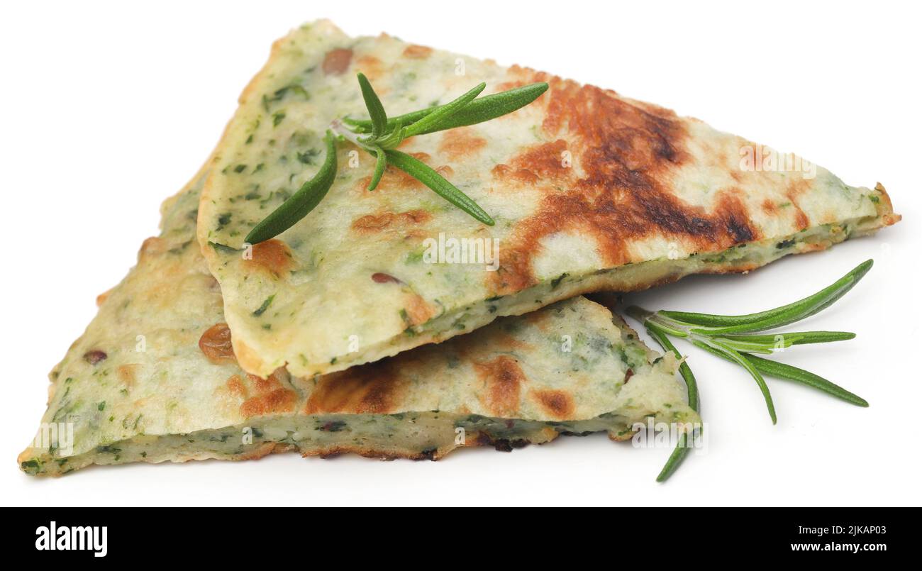 Naan bread with rosemary over white background Stock Photo