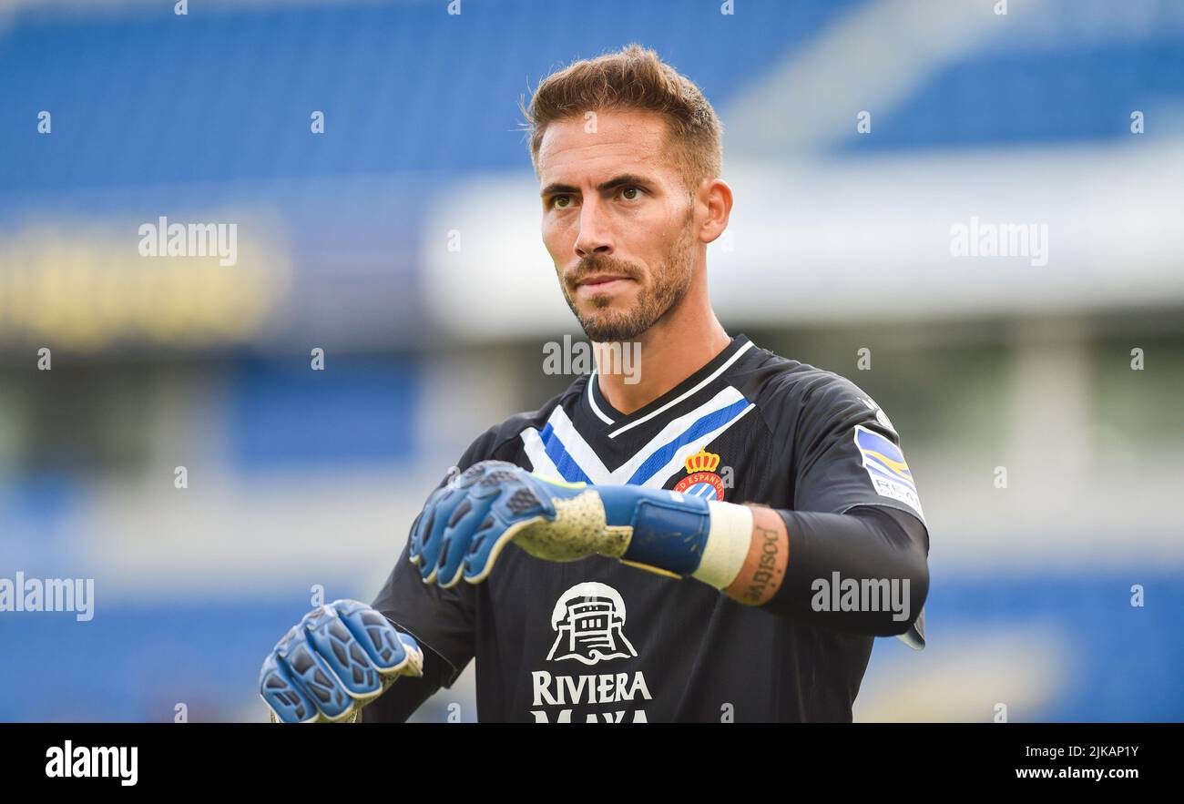 Goalkeeper Benjamin Lecomte of Espanyol  during the Pre Season friendly match between Brighton and Hove Albion and Espanyol at  the American Express Community Stadium, Brighton, UK - 30th July 2022  Editorial use only. No merchandising. For Football images FA and Premier League restrictions apply inc. no internet/mobile usage without FAPL license - for details contact Football Dataco Stock Photo