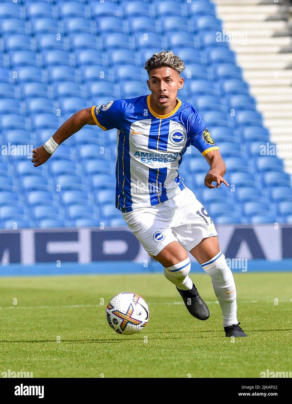 Jeremy Sarmiento of Brighton during the Pre Season friendly match between Brighton and Hove Albion and Espanyol at  the American Express Community Stadium, Brighton, UK - 30th July 2022  Editorial use only. No merchandising. For Football images FA and Premier League restrictions apply inc. no internet/mobile usage without FAPL license - for details contact Football Dataco Stock Photo