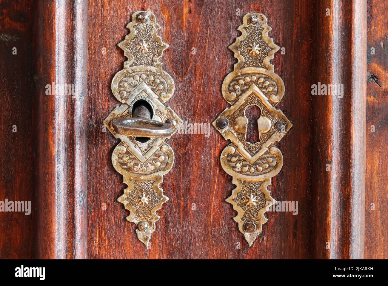 Antique vintage wooden wardrobe closed with key Stock Photo Alamy