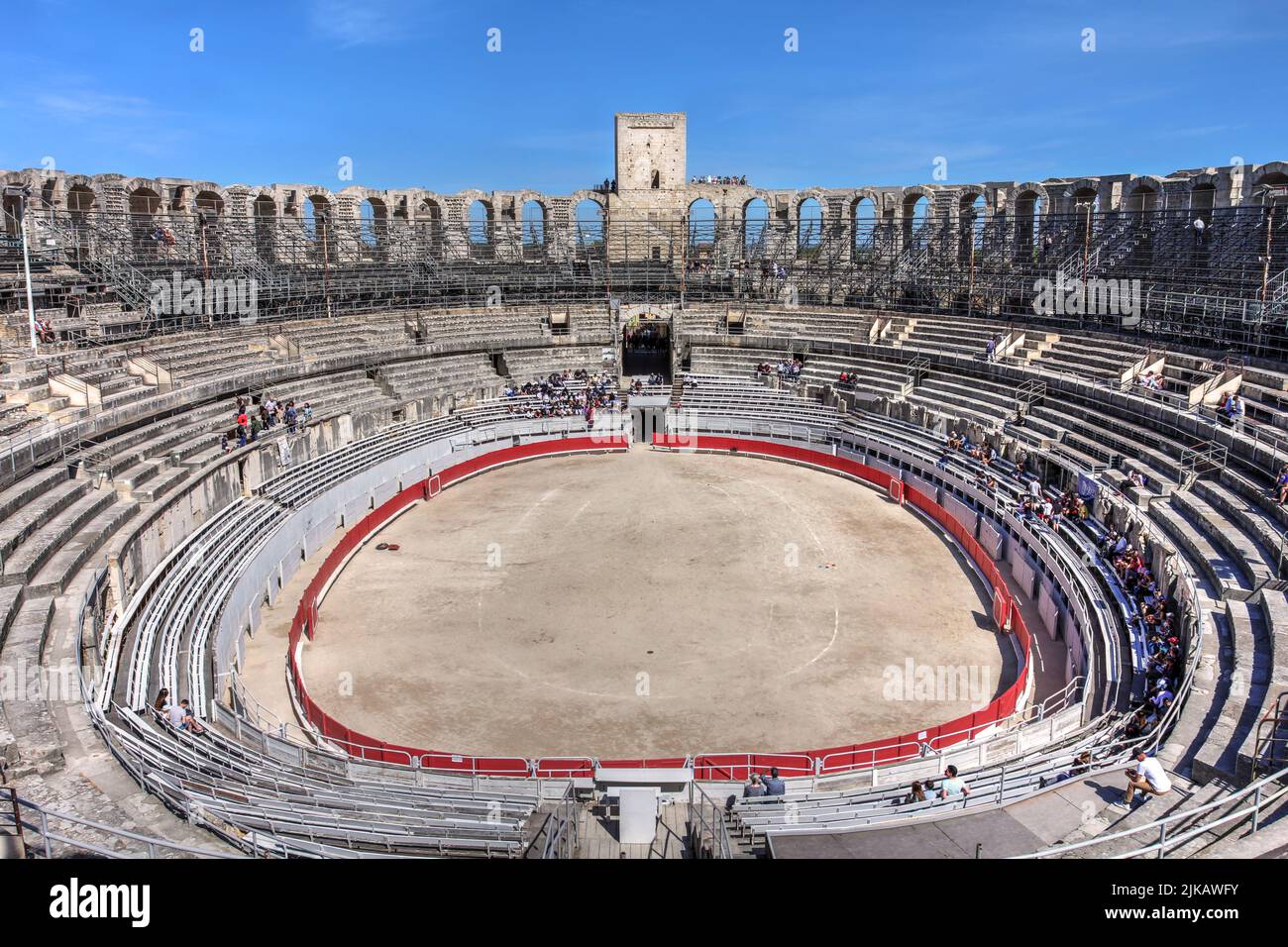 Arles Amphitheatre (Arènes d'Arles) in the south of France dates back to 90 AD and is built to house 20'000 spectators. Interestingly, the structure w Stock Photo