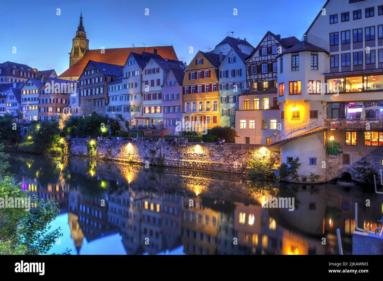 Night scene in Tübingen along the Neckar River in Baden-Wèrttemberg, Germany Stock Photo