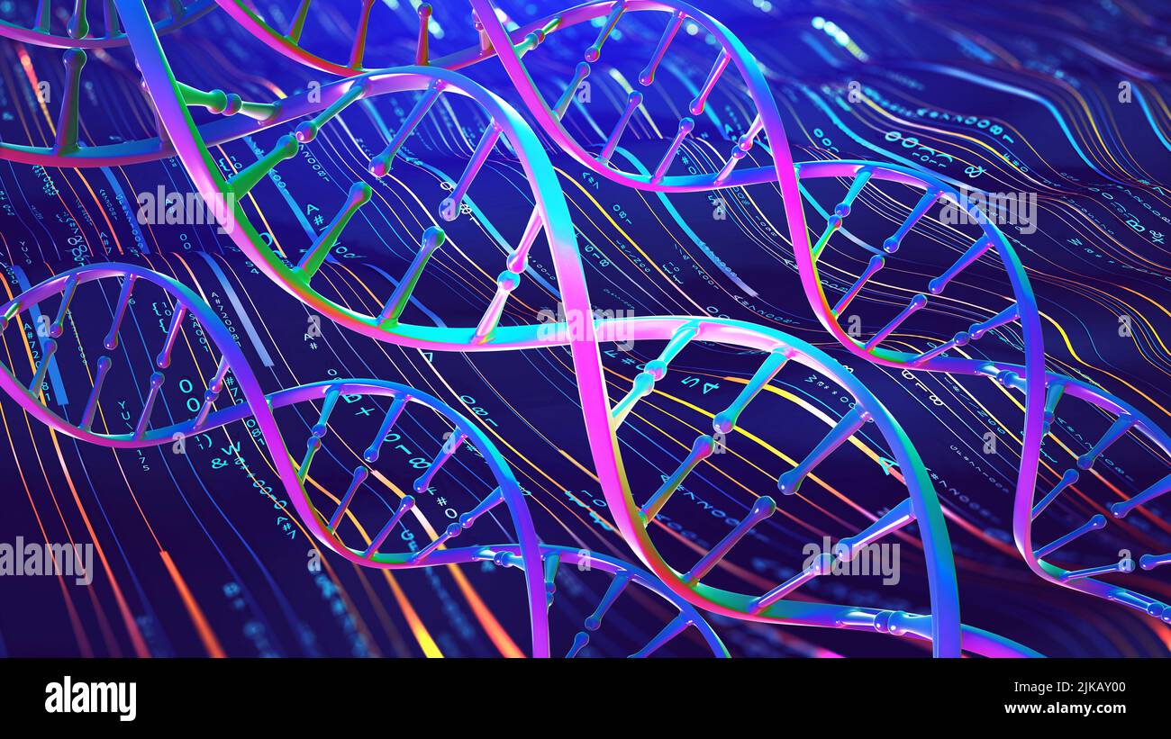 DNA helix 3D illustration. Laboratory research of the human genome. Digital technologies in microbiology. Hi-tech background Stock Photo