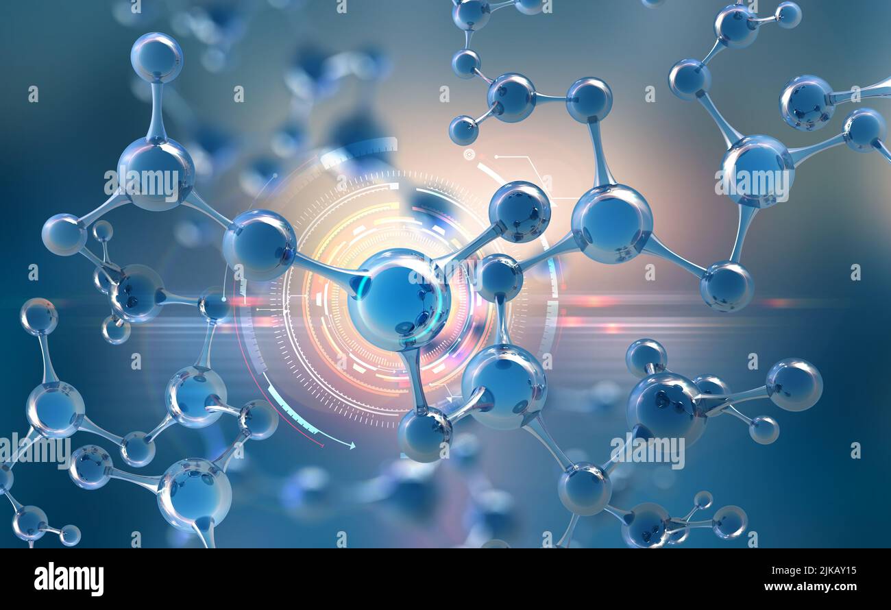 Abstract molecule model. Digital technology in genetic engineering. Artificial Intelligence in molecular synthesis Stock Photo