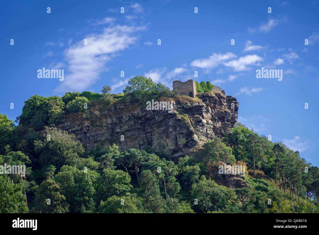Beeston castle high on its hilltop in the Cheshire plain.It was built in the 1220s by Ranulf de Blondeville, 6th Earl of Chester, Stock Photo