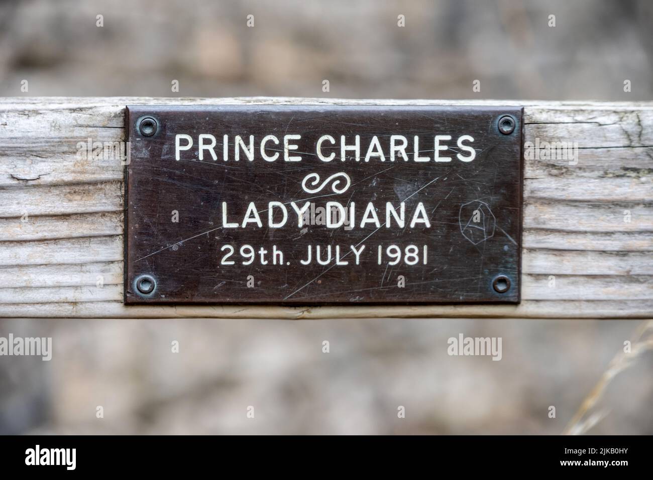 Lower Slaughter, July 26th 2022: Commemorative plaque for the wedding of Prince Charles And Lady Diana Spencer in 1981 Stock Photo