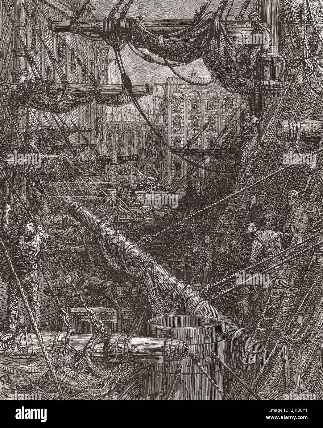 Inside the Docks. After an illustration by Gustave Doré in the 1872 English edition of London: A Pilgrimage, written by Blanchard Jerrold and illustrated by Gustave Doré. London docks in the 19th century. Stock Photo