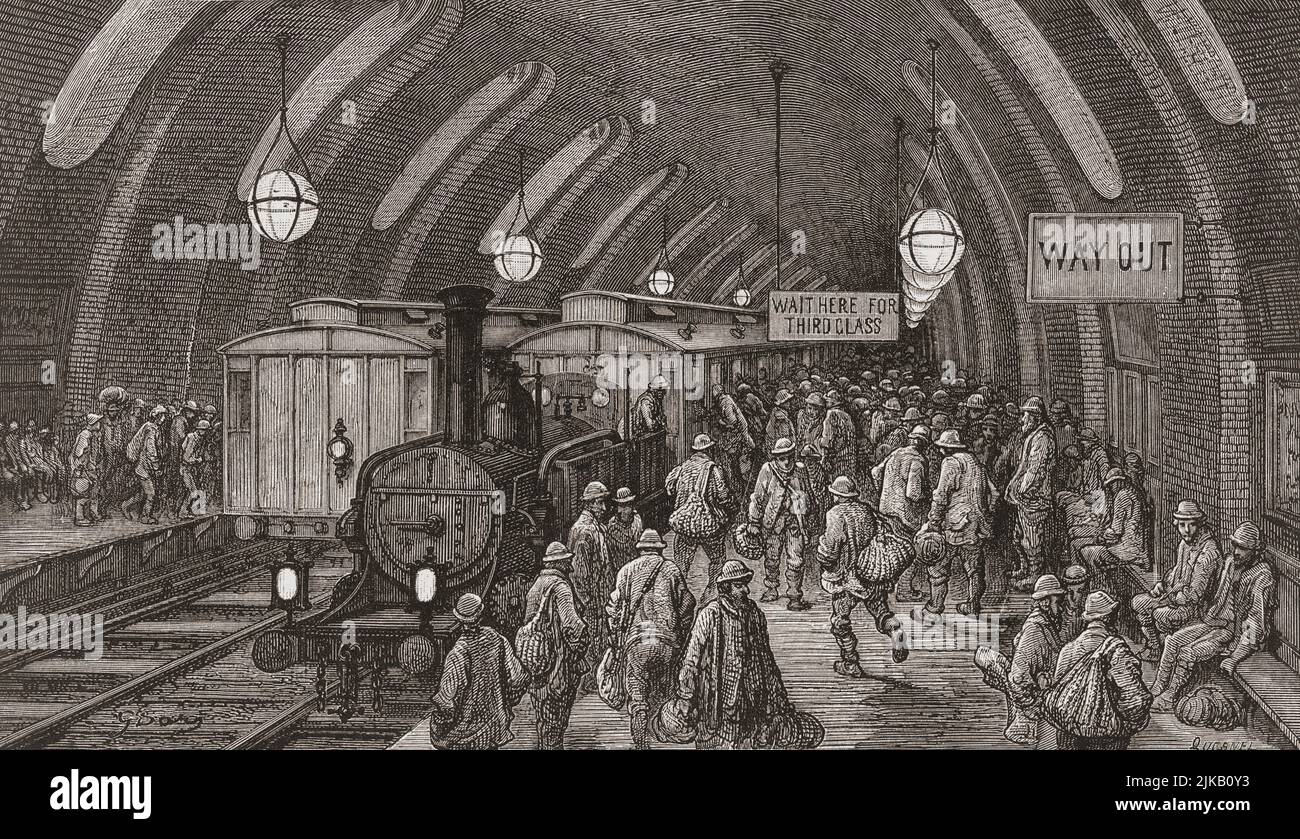 The Workmen's Train.  An early morning scene on a crowded London Underground platform.  After an illustration by Gustave Doré in the 1890 American edition of London: A Pilgrimage, written by Blanchard Jerrold and illustrated by Gustave Doré. Stock Photo