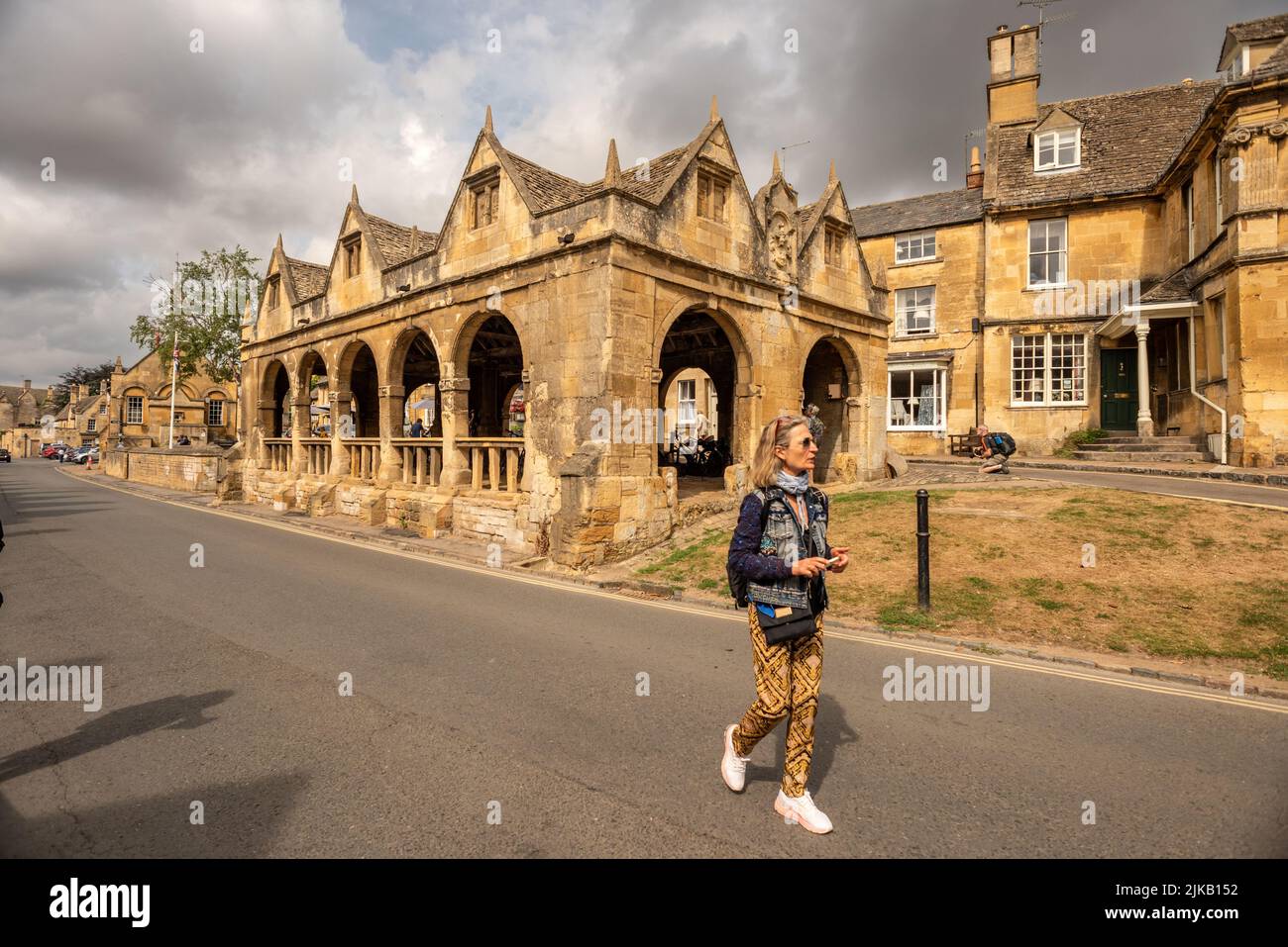 Chipping Campden, July 27th 2022: The main street in town with the Market Hall Stock Photo