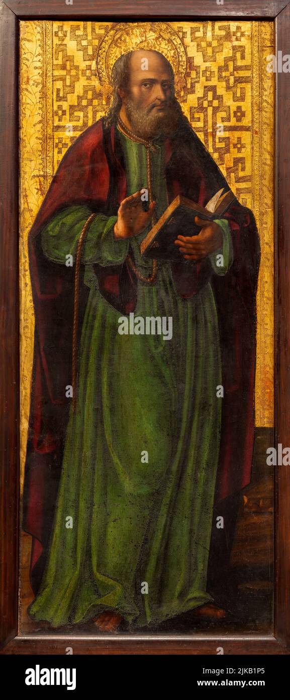 VALENCIA, SPAIN - FEBRUAR 14, 2022: The renaissance painting of St. Barnabas in the Cathedral by Pere Cabanes from 16. cent. Stock Photo