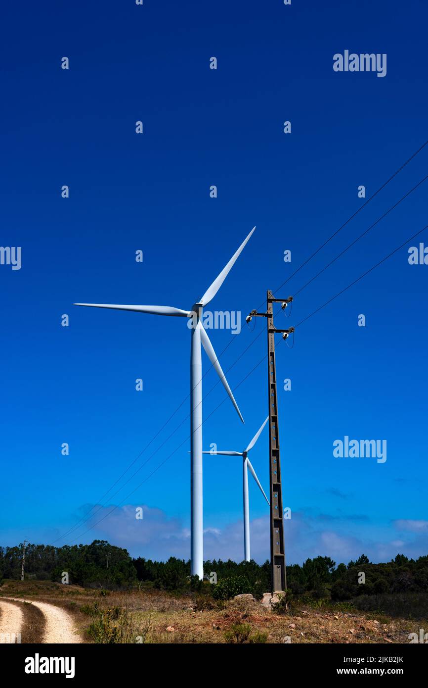 Wind turbines in Western Algarve, Portugal Stock Photo