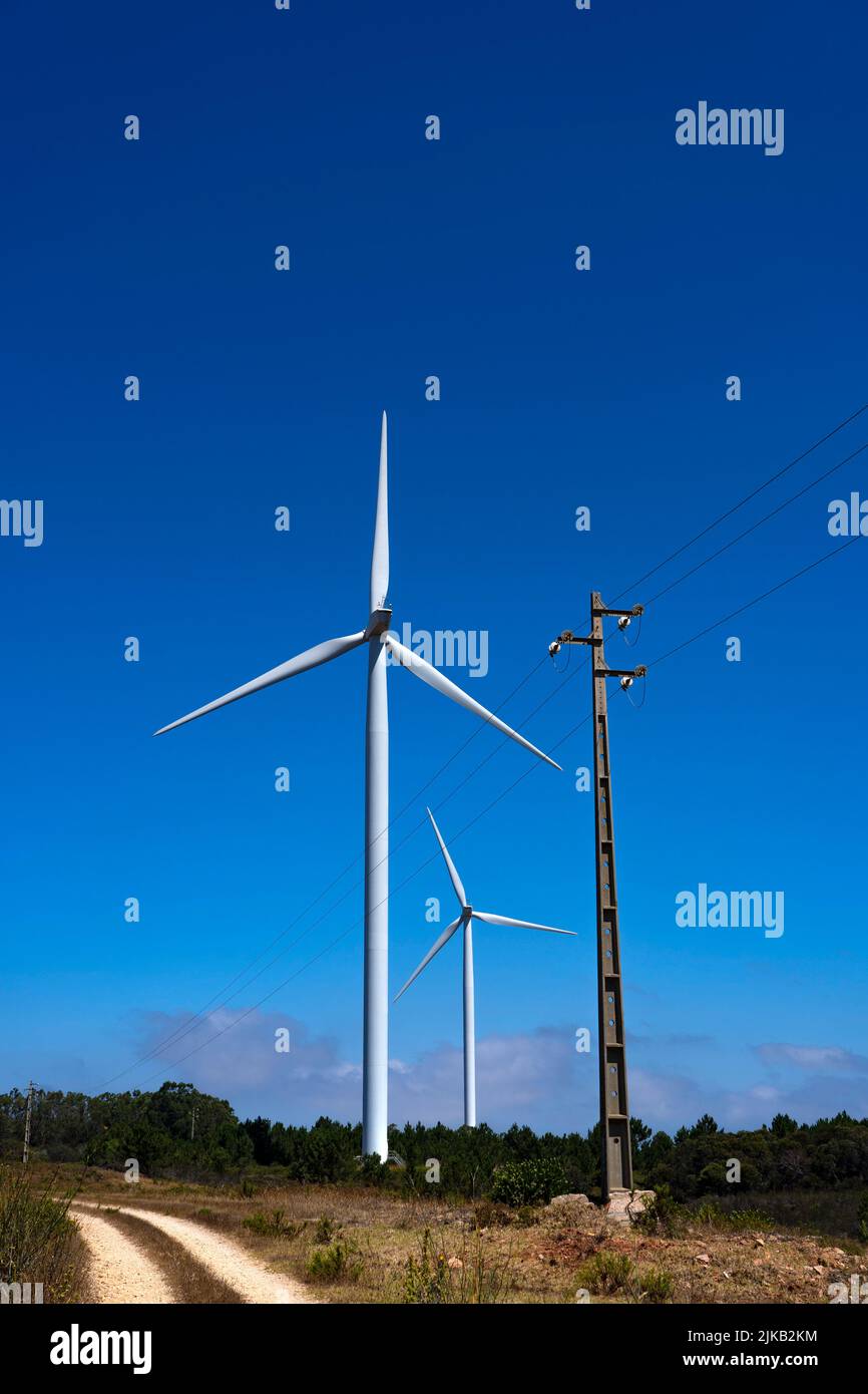 Wind turbines in Western Algarve, Portugal Stock Photo