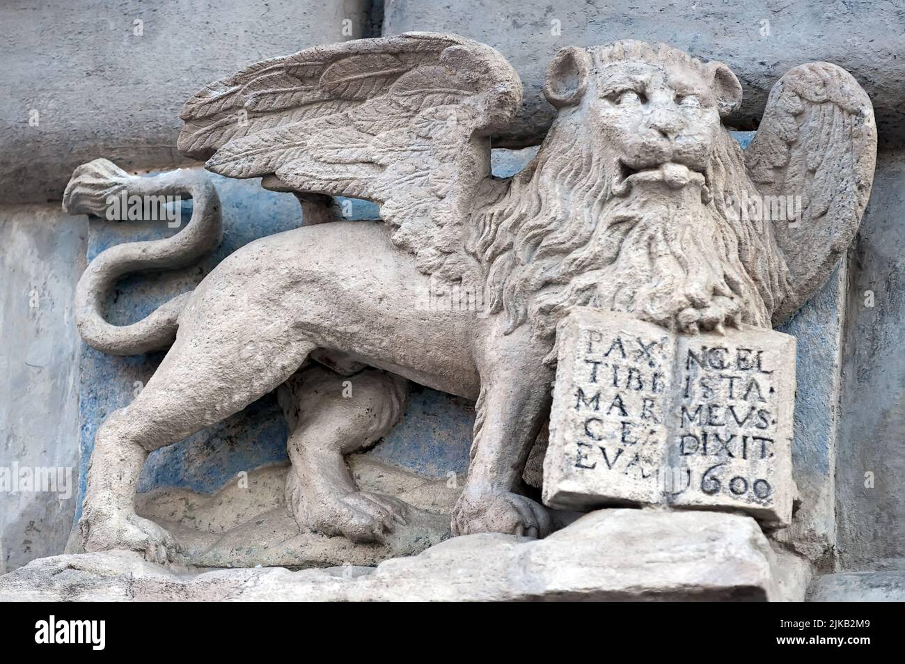 The winged Lion holding gospel with inscription PAX TIBI MARCE EVANGELISTA MEVS (May Peace be with you Mark my evangelist) in Lviv, Ukraine Stock Photo