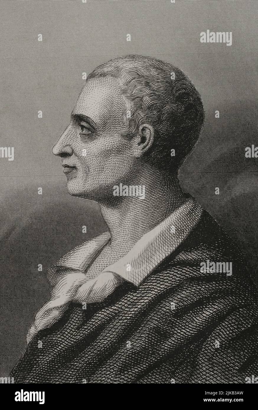 Montesquieu (1689-1755). French philosopher. Portrait. Engraving by Geoffroy. 'Historia Universal', by César Cantú. Volume VIII. 1858. Author: Charles Geoffroy (1819-1882). French engraver. Stock Photo