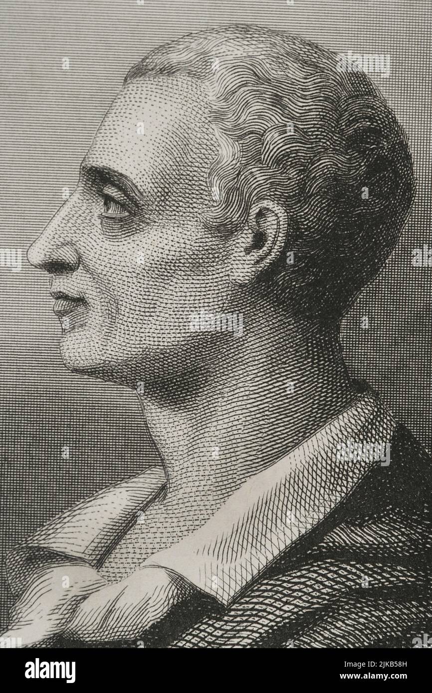 Montesquieu (1689-1755). French philosopher. Portrait. Engraving by Geoffroy. Detail. 'Historia Universal', by César Cantú. Volume VIII. 1858. Author: Charles Geoffroy (1819-1882). French engraver. Stock Photo