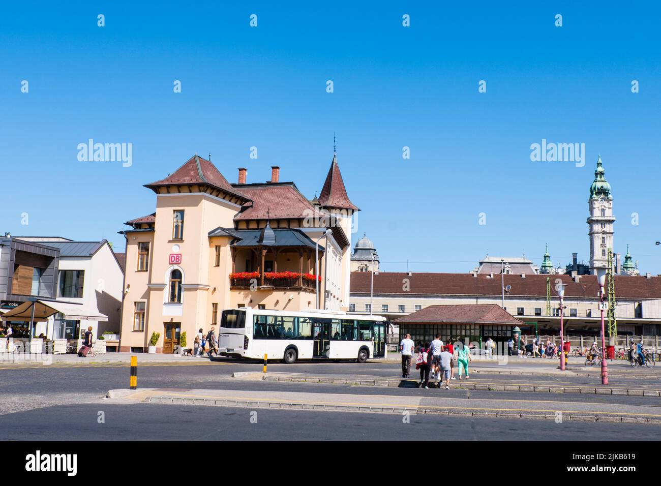 Bus station, with railway station in background, Gyor, Hungary Stock Photo