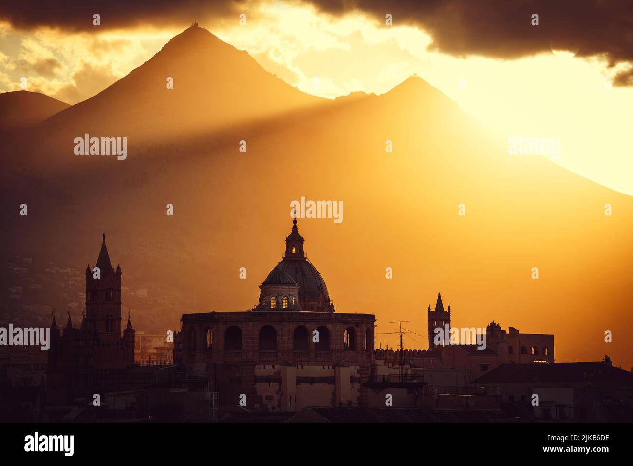panoramic view at the skyline of palermo during sunset, sicily Stock Photo