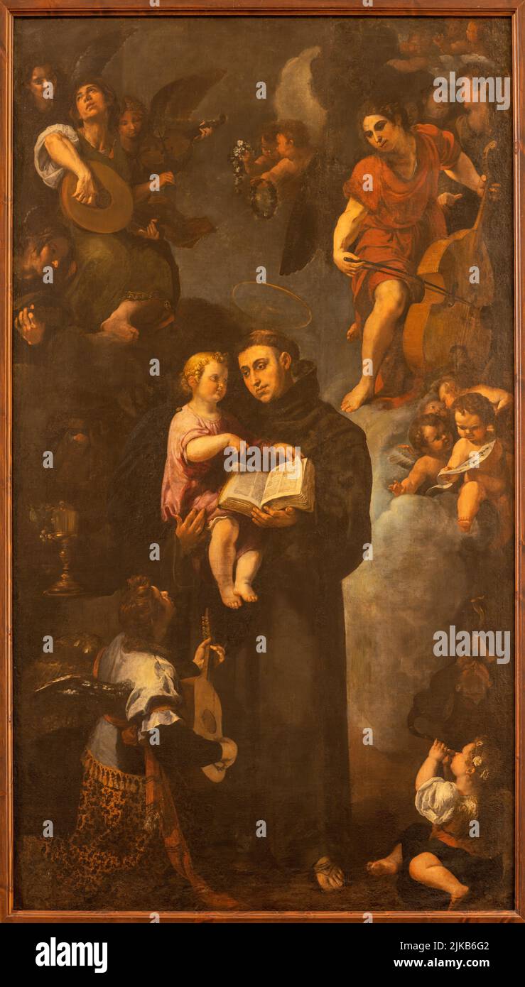 VALENCIA, SPAIN - FEBRUAR 17, 2022: The painting of St Anthony of Padua among the angels in the church Iglesia de San Lorenzo by unknown artist. Stock Photo