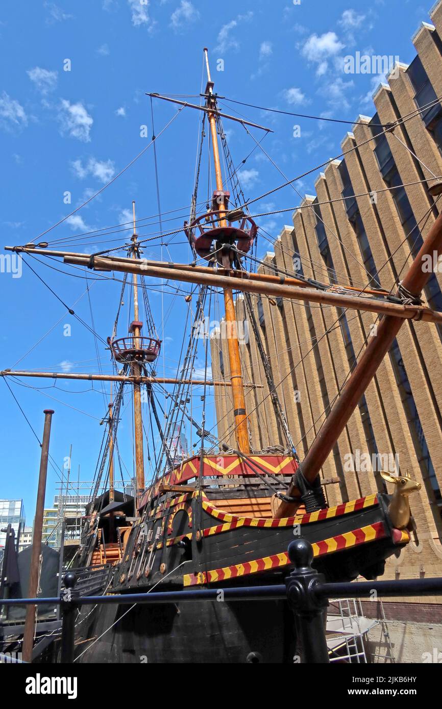 Golden Hind sailing ship (1973) , in St Mary Overies Dock, Cathedral Street, ,Southwark, London, England, UK,SE1 9DE - free landing Stock Photo