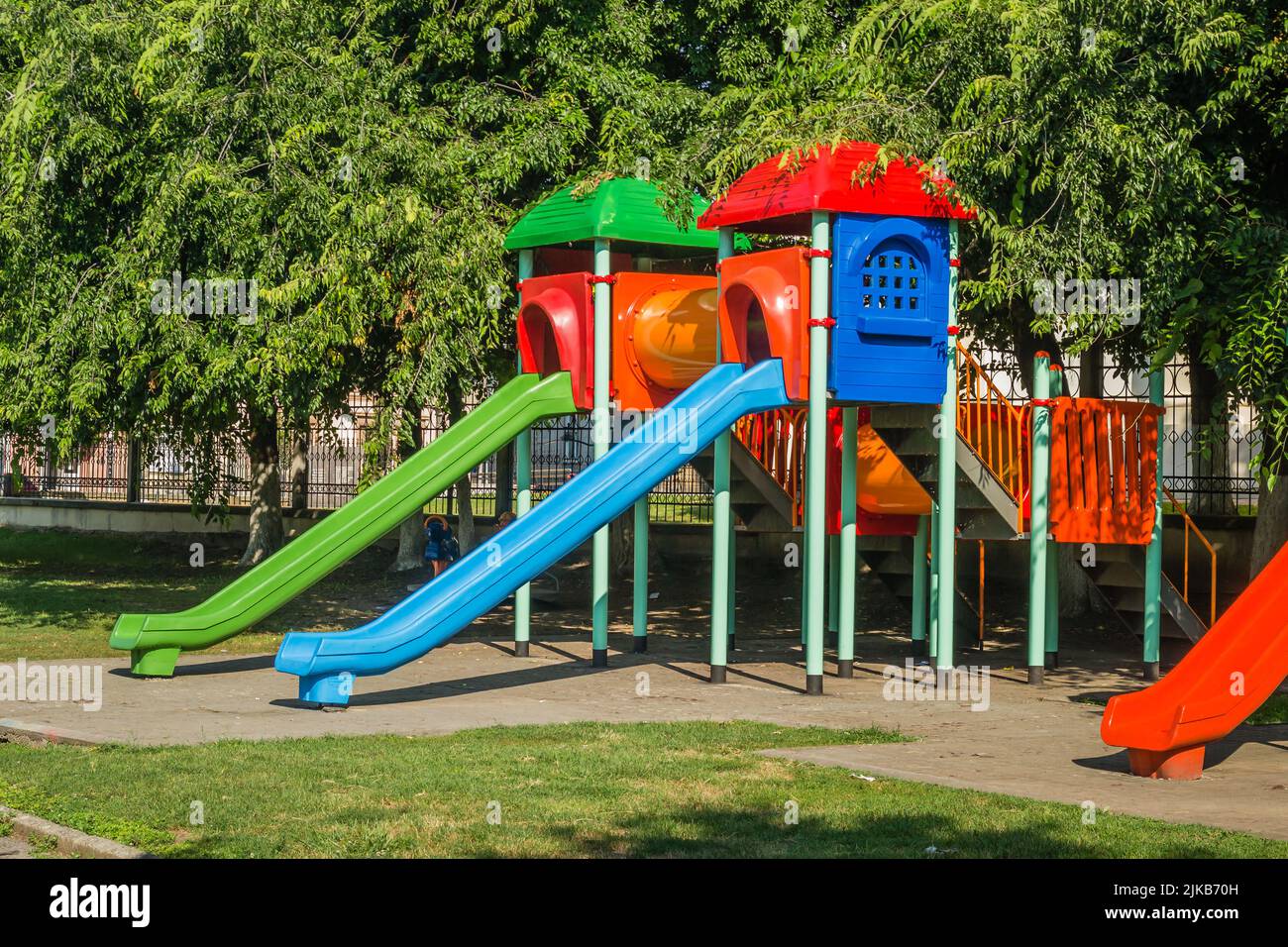 A big colorful children playground equipment. Children's playground in the town of Srbobran in Vojvodina. Stock Photo