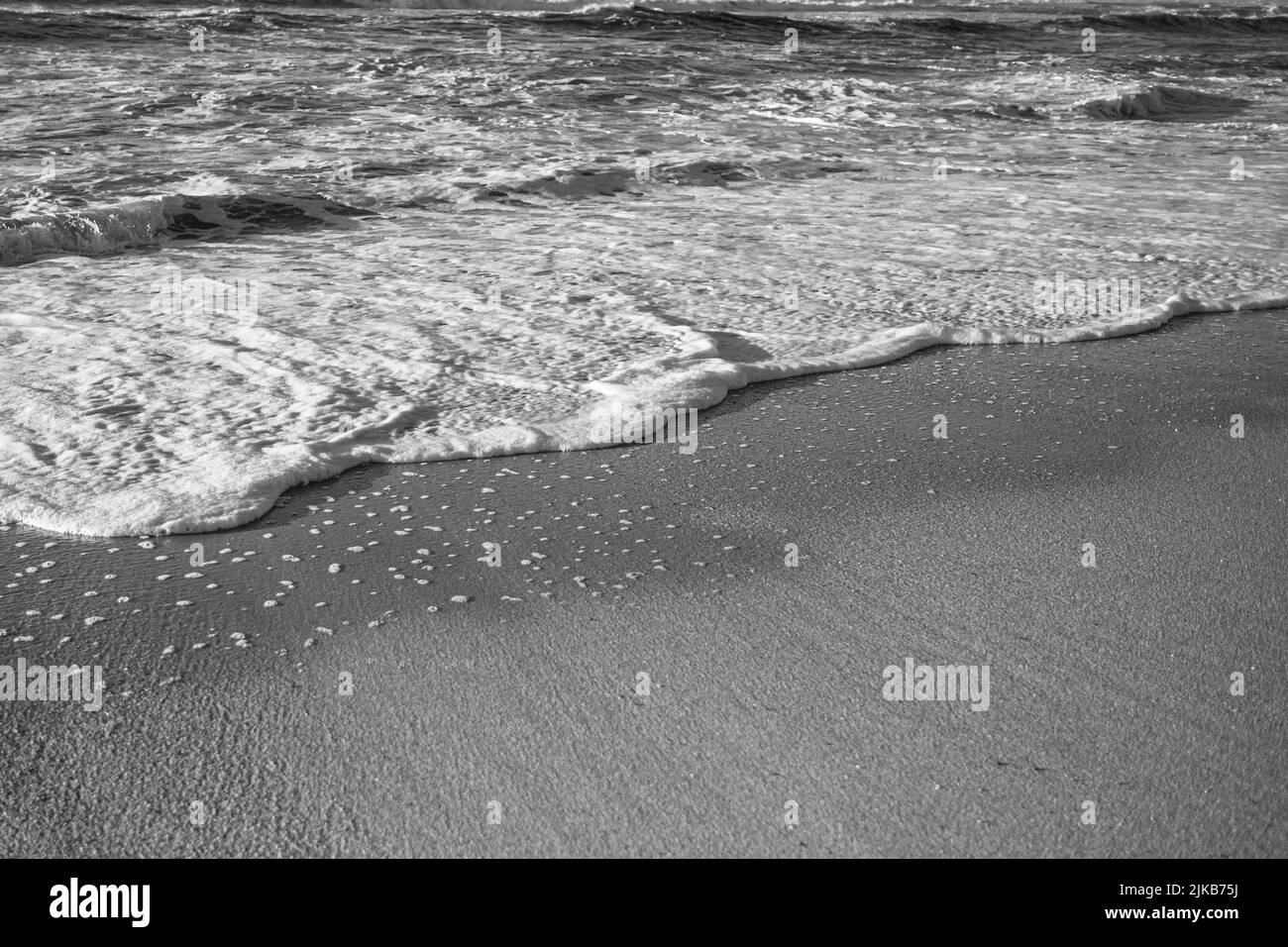Beach sand with the foam of the surf Atlantic ocean. Black and white photo. Stock Photo