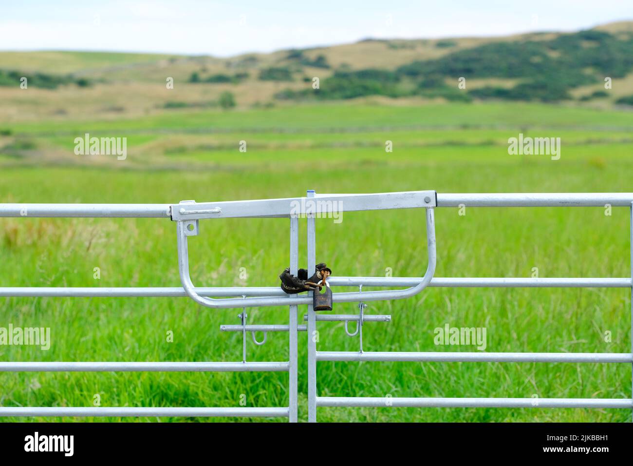 Farm field entrance gate padlocked in rural Dumfries and Galloway in Scotland UK July 2022 Stock Photo