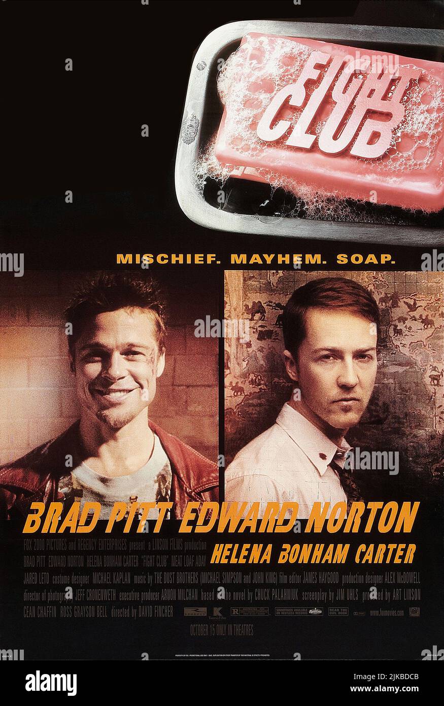 Brad Pitt & Edward Norton Poster Film: Fight Club (USA/DE 1999) Characters: Tyler Durden, The Narrator  Director: David Fincher 10 September 1999   **WARNING** This Photograph is for editorial use only and is the copyright of 20TH CENTURY FOX and/or the Photographer assigned by the Film or Production Company and can only be reproduced by publications in conjunction with the promotion of the above Film. A Mandatory Credit To 20TH CENTURY FOX is required. The Photographer should also be credited when known. No commercial use can be granted without written authority from the Film Company. Stock Photo