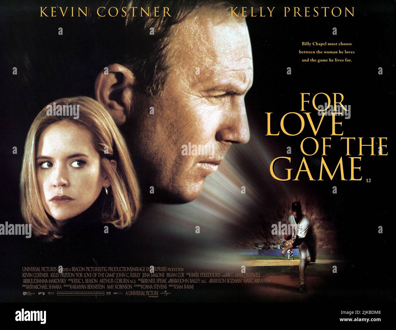 Kelly Preston & Kevin Costner Poster Film: For Love Of The Game (USA 1999) Characters: Jane Aubrey & Billy Chapel  Director: Sam Raimi 15 September 1999   **WARNING** This Photograph is for editorial use only and is the copyright of UNIVERSAL PICTURES and/or the Photographer assigned by the Film or Production Company and can only be reproduced by publications in conjunction with the promotion of the above Film. A Mandatory Credit To UNIVERSAL PICTURES is required. The Photographer should also be credited when known. No commercial use can be granted without written authority from the Film Compa Stock Photo