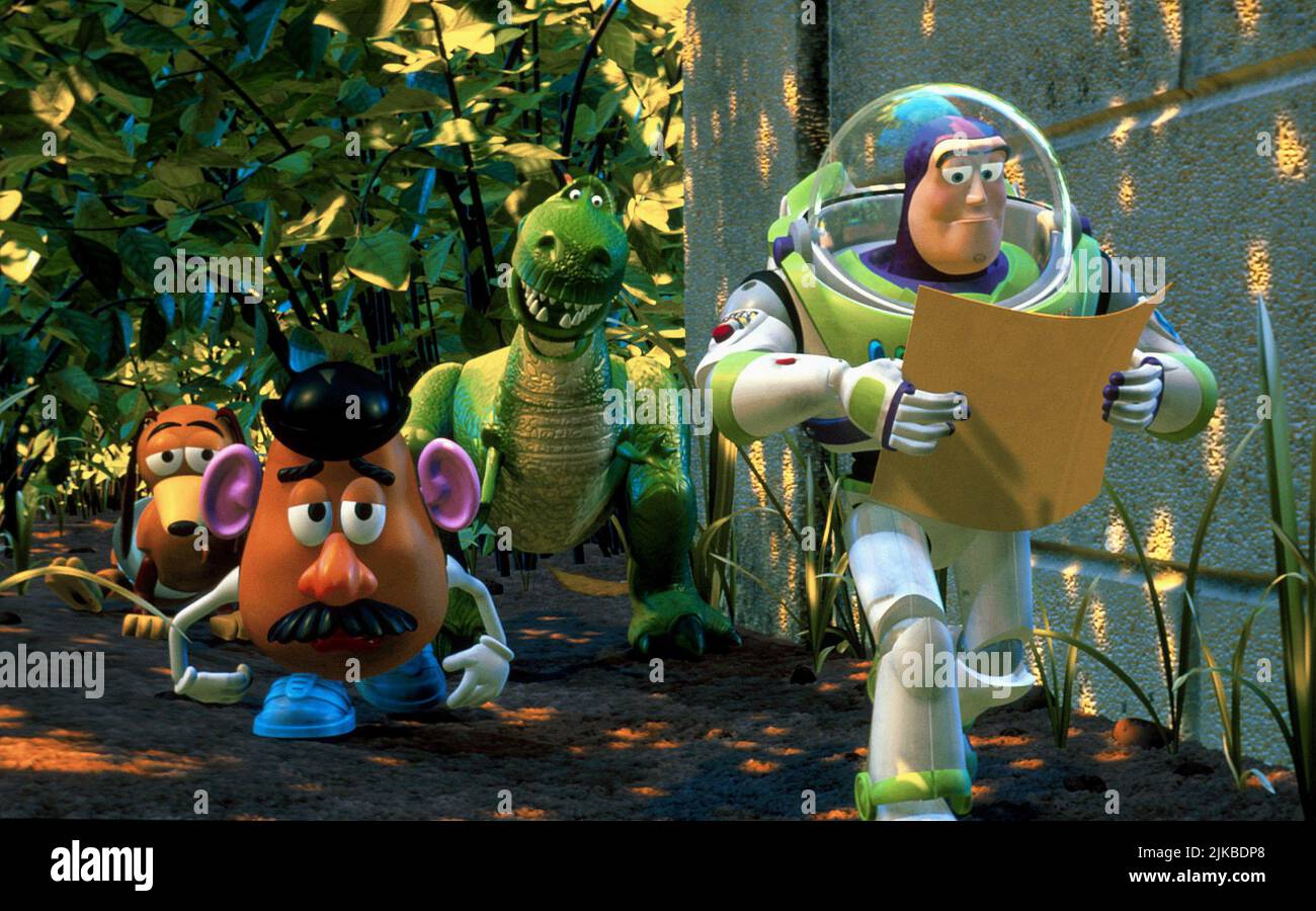 Slinky, Mr. Potato Head, Rex & Buzz Lightyear Film: Toy Story 2 (USA 1999) Characters: ,, & Buzz Lightyear  Regie: John Lasseter, Ash Brannon & Lee Unkrich, Director: John Lasseter 13 November 1999   **WARNING** This Photograph is for editorial use only and is the copyright of PIXARDISNEY and/or the Photographer assigned by the Film or Production Company and can only be reproduced by publications in conjunction with the promotion of the above Film. A Mandatory Credit To PIXARDISNEY is required. The Photographer should also be credited when known. No commercial use can be granted without writ Stock Photo
