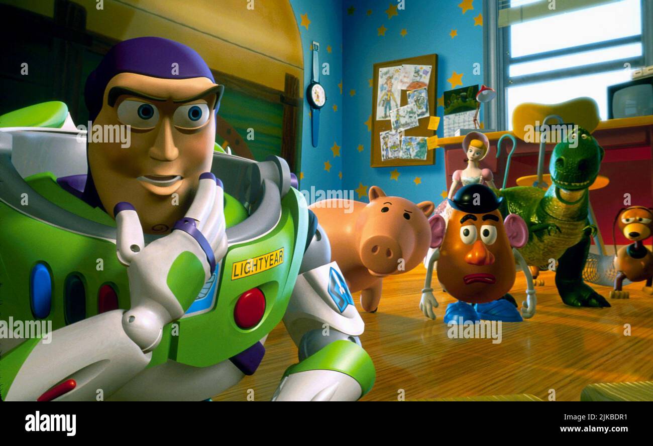 Buzz Lightyear, Hamm, Mr. Potato Head, Bo Peep, Rex & Slinky Film: Toy Story 2 (USA 1999) Characters: Buzz Lightyear,,,Bo Peep, &  Regie: John Lasseter, Ash Brannon & Lee Unkrich, Director: John Lasseter 13 November 1999   **WARNING** This Photograph is for editorial use only and is the copyright of PIXARDISNEY and/or the Photographer assigned by the Film or Production Company and can only be reproduced by publications in conjunction with the promotion of the above Film. A Mandatory Credit To PIXARDISNEY is required. The Photographer should also be credited when known. No commercial use can Stock Photo