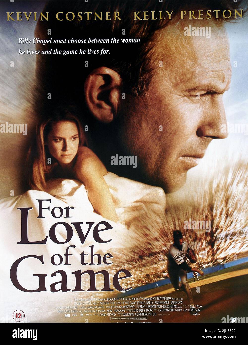 Kelly Preston & Kevin Costner Poster Film: For Love Of The Game (USA 1999) Characters: Jane Aubrey &  Director: Sam Raimi 15 September 1999   **WARNING** This Photograph is for editorial use only and is the copyright of UNIVERSAL PICTURES and/or the Photographer assigned by the Film or Production Company and can only be reproduced by publications in conjunction with the promotion of the above Film. A Mandatory Credit To UNIVERSAL PICTURES is required. The Photographer should also be credited when known. No commercial use can be granted without written authority from the Film Company. Stock Photo