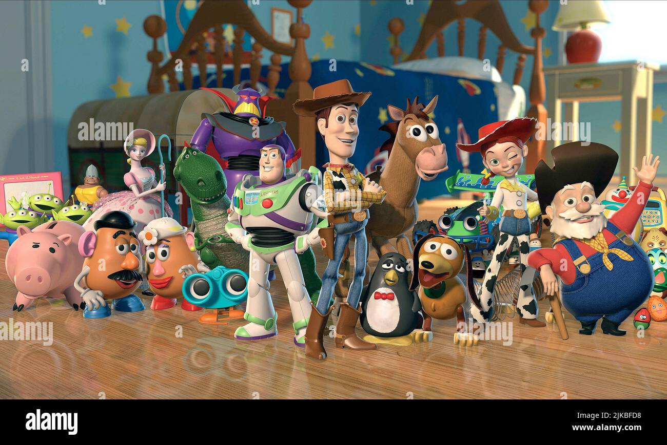 Aliens, Hamm The Piggy Bank, Bo Peep, Mr. Potato Head, Mrs. Potato Head, Rex, Zurg, Buzz Lightyear, Woody, Wheezy, Slinky, Jessie & Stinky Pete Film: Toy Story 2 (USA 1999) Characters: ,,,,,,,,,,,,  Regie: John Lasseter, Ash Brannon & Lee Unkrich, Director: John Lasseter 13 November 1999   **WARNING** This Photograph is for editorial use only and is the copyright of PIXARDISNEY and/or the Photographer assigned by the Film or Production Company and can only be reproduced by publications in conjunction with the promotion of the above Film. A Mandatory Credit To PIXARDISNEY is required. The Pho Stock Photo