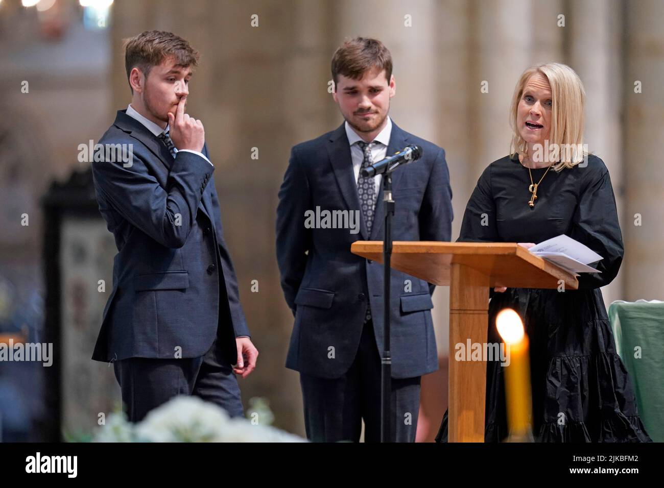 Harry Gration's widow Helen Chene with sons Harrison (right) and Harvey (left) as she speaks at a service of thanksgiving for the BBC presenter at York Minster in York. Picture date: Monday August 1, 2022. Stock Photo