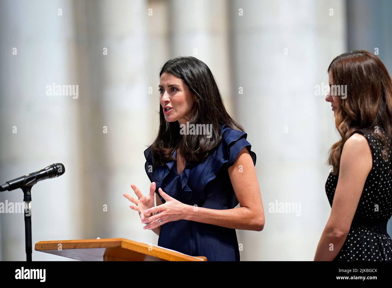 BBC Look North presenters Amy Garcia (left) and Keeley Donovan speak at a service of thanksgiving for BBC presenter Harry Gration at York Minster in York. Picture date: Monday August 1, 2022. Stock Photo