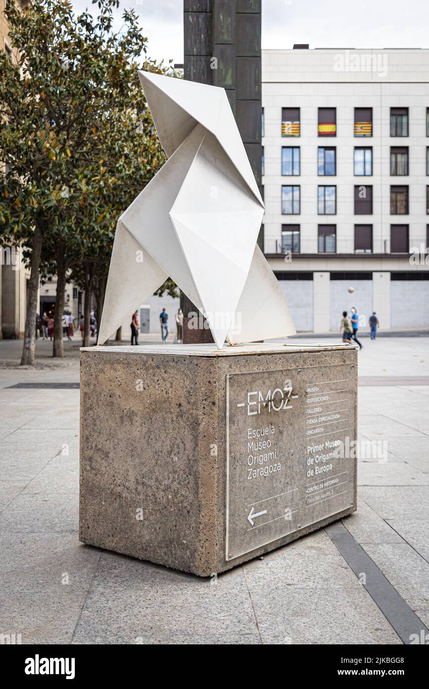 ZARAGOZA, SPAIN-MAY 15, 2021: Origami Statue near the Museum of Origami Stock Photo