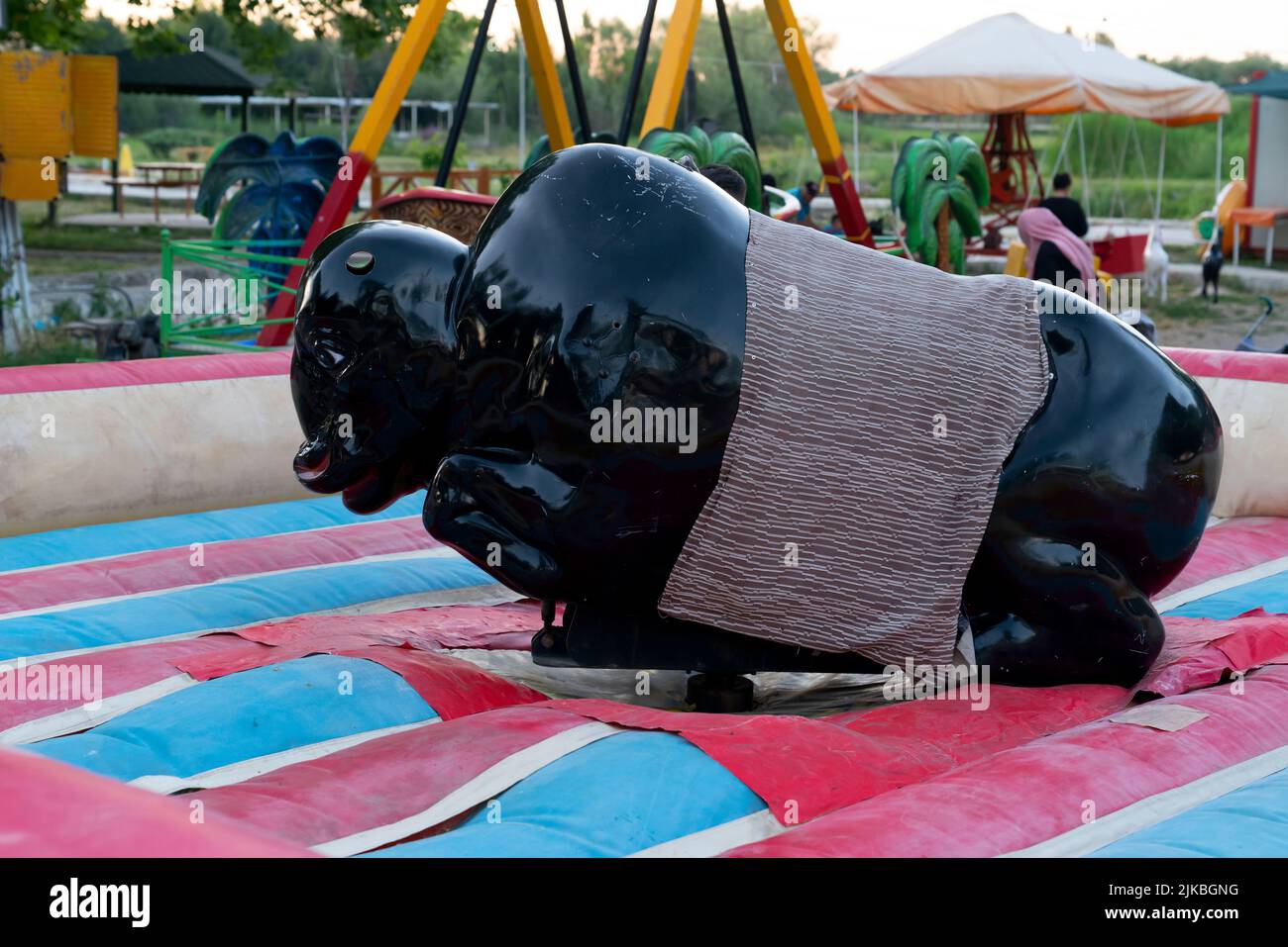 View of a mechanical bull machine with nobody Stock Photo