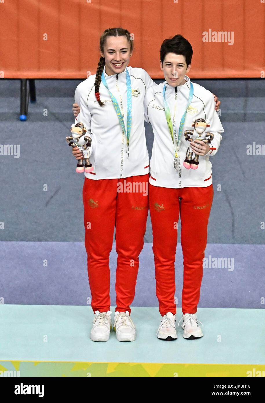 Stratford, United Kingdom. 31st July, 2022. Commonwealth Games Track Cycling. Olympic Velodrome. Stratford. Sophie Unwin and Georgia Holt (ENG) receive their Silver medal during the Medal ceremony for the Womens Tandem B 1000m time trial. Credit: Sport In Pictures/Alamy Live News Stock Photo
