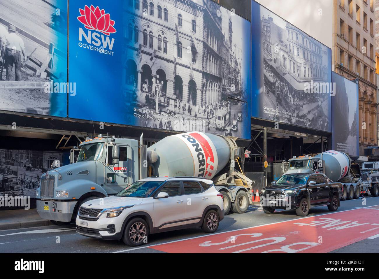 Sydney June 2022: Concrete Mixer trucks parked outside the Pitt and Castlereagh Street Metro Railway Station being built in Sydney City, Australia Stock Photo