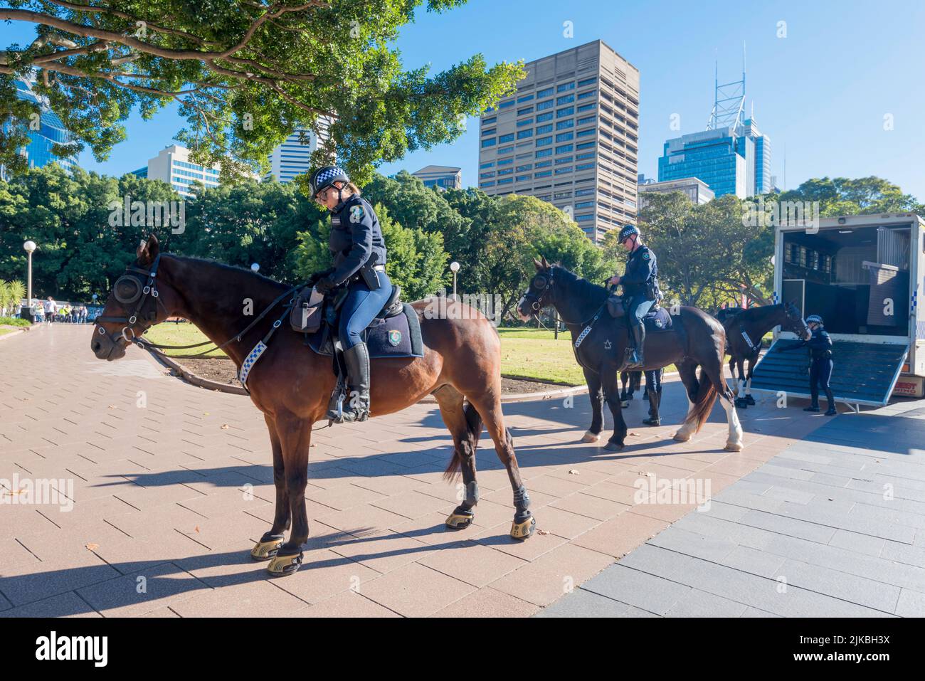 June 8th, 2022, Sydney, Australia: New South Wales, Police Mounted Unit in Hyde Park, preparing to attend a protest rally by the Public Sector Union Stock Photo
