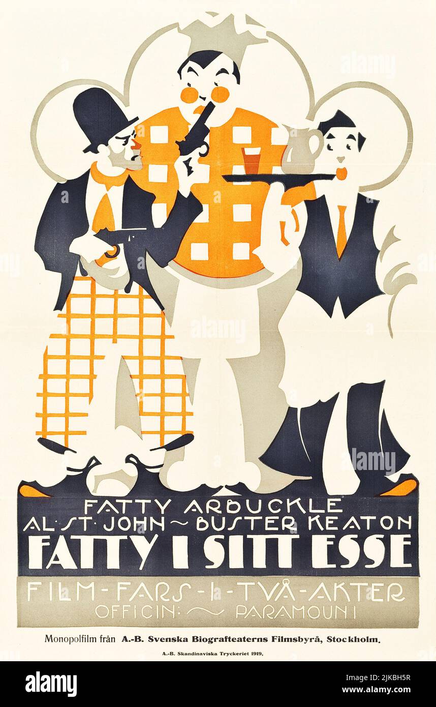 Fatty i sitt esse - The Cook (Paramount, 1919). Swedish, old film poster feat. Fatty Arbuckle Al St John and Buster Keaton. Linocut. Comedy. Stock Photo