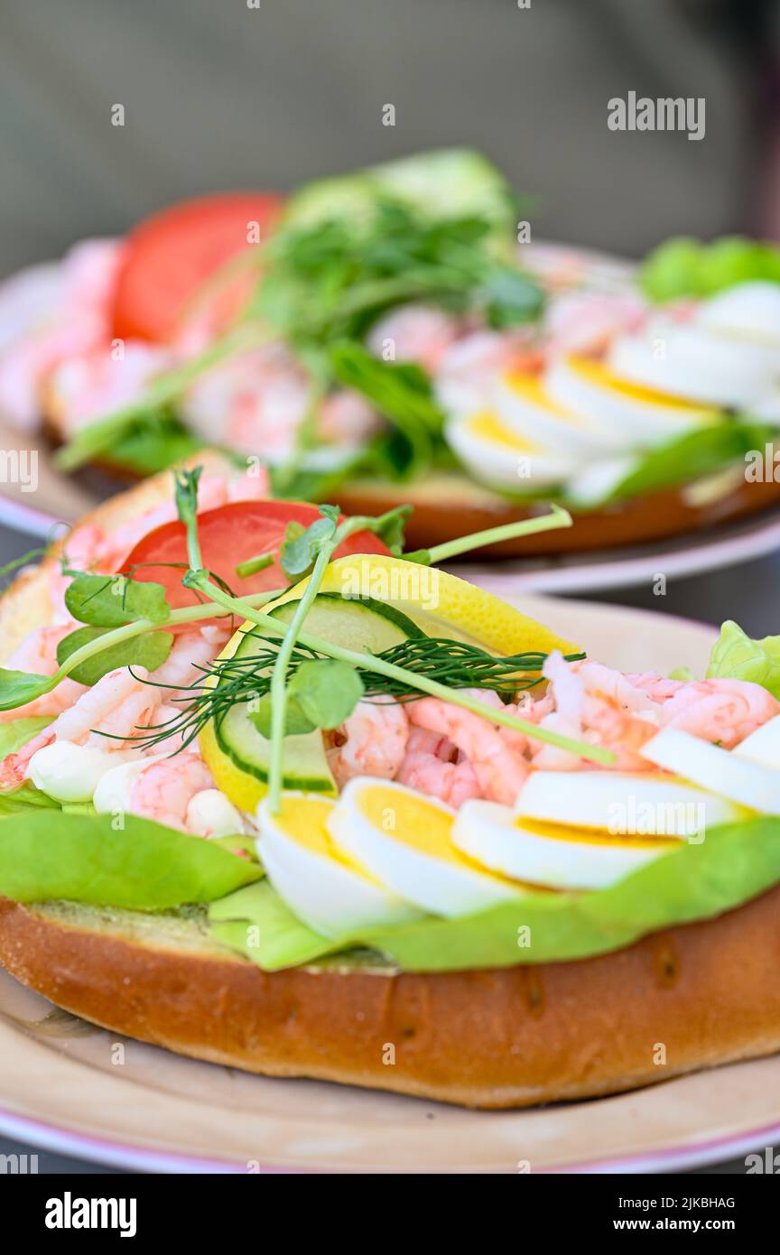 fresh shrimp sandwich with egg mayonnaise and vegetables Stock Photo