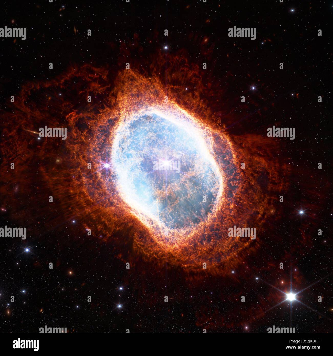 Southern Ring Nebula. Space collage from newest cosmic telescope. James webb telescope research of galaxies. Landscapes of Deep space. JWST. Elements Stock Photo